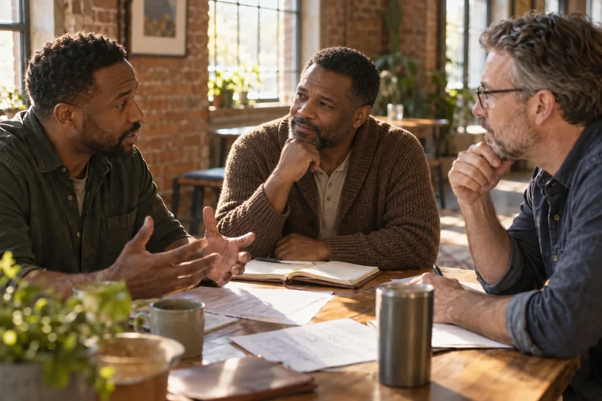 Three fictional church leaders sharing a thoughtful conversation